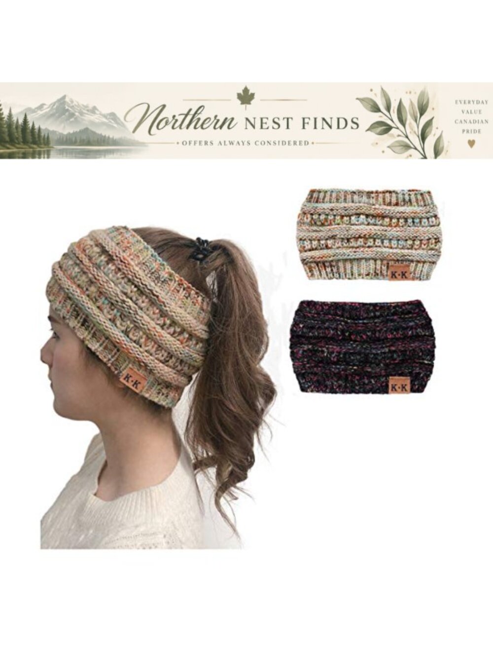 Women's Winter Knitted Headband Ear Warmer Ponytail Messy Bun Beanie